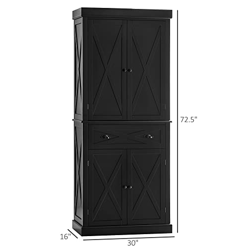 HOMCOM 72" Kitchen Pantry Storage Cabinet, Traditional Freestanding Cupboard with 4 Doors and 3 Adjustable Shelves, Large Central Drawer, X-Frame, White