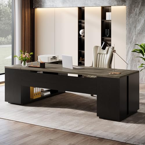 Tribesigns 85.8-Inch L-Shaped Executive Desk with File Drawers, Door Cabinet & Shelves, Extra Large Commercial Office Desk, Modern Professional Office Table, White & Brown Business Furniture