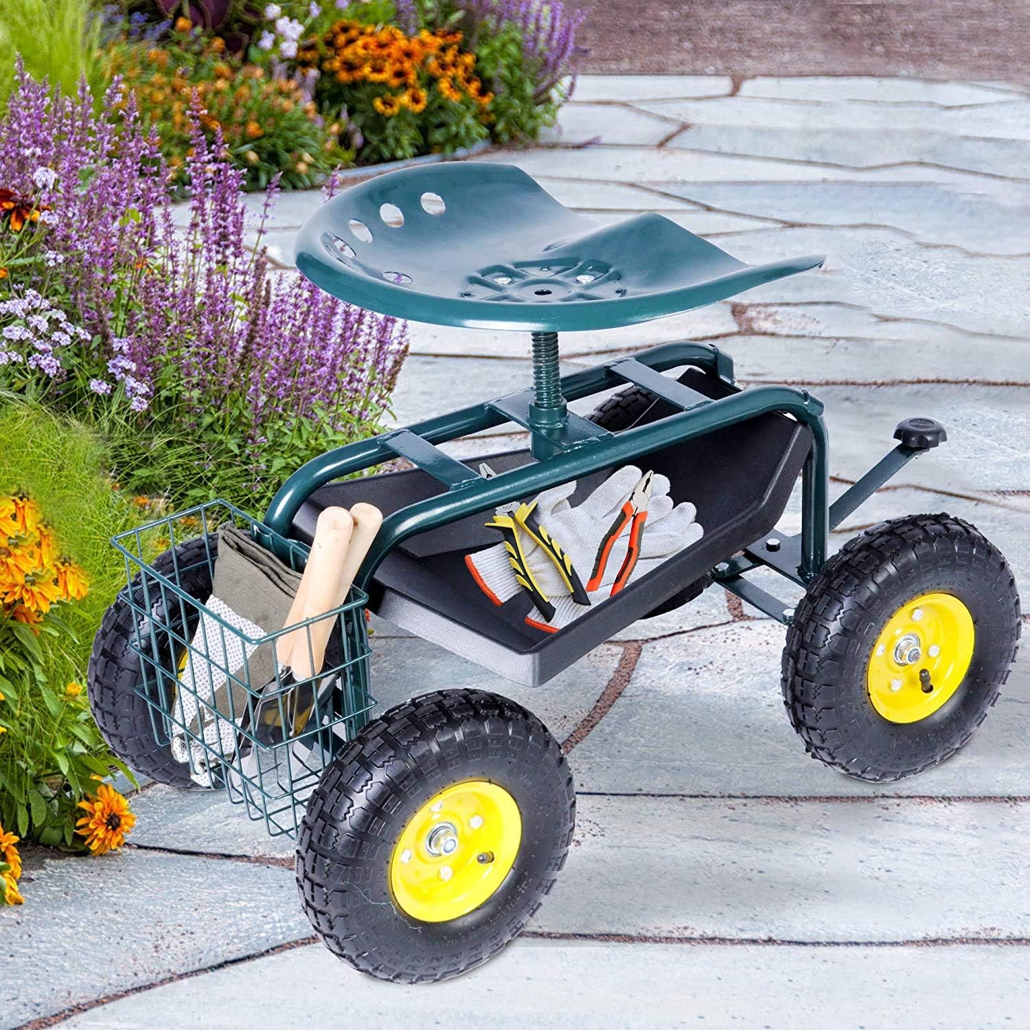 Dporticus Rolling Garden Steerable Tool Cart Scooter with Extendable Steer Handle,360 Swivel Seat and Tool Storage Basket, Green