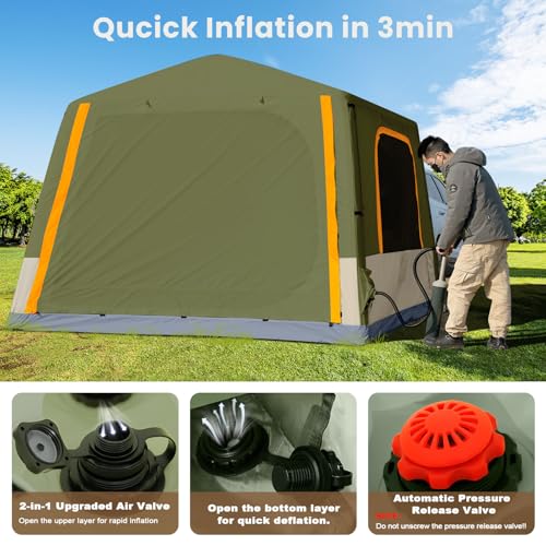Inflatable Tents for Camping, Blow Up Tent with Hand Pump, Easy Setup Inflatable Hot Tent with Stove Jack, Waterproof Oxford Air Glamping Tents for Camping Adult 4-6 Person