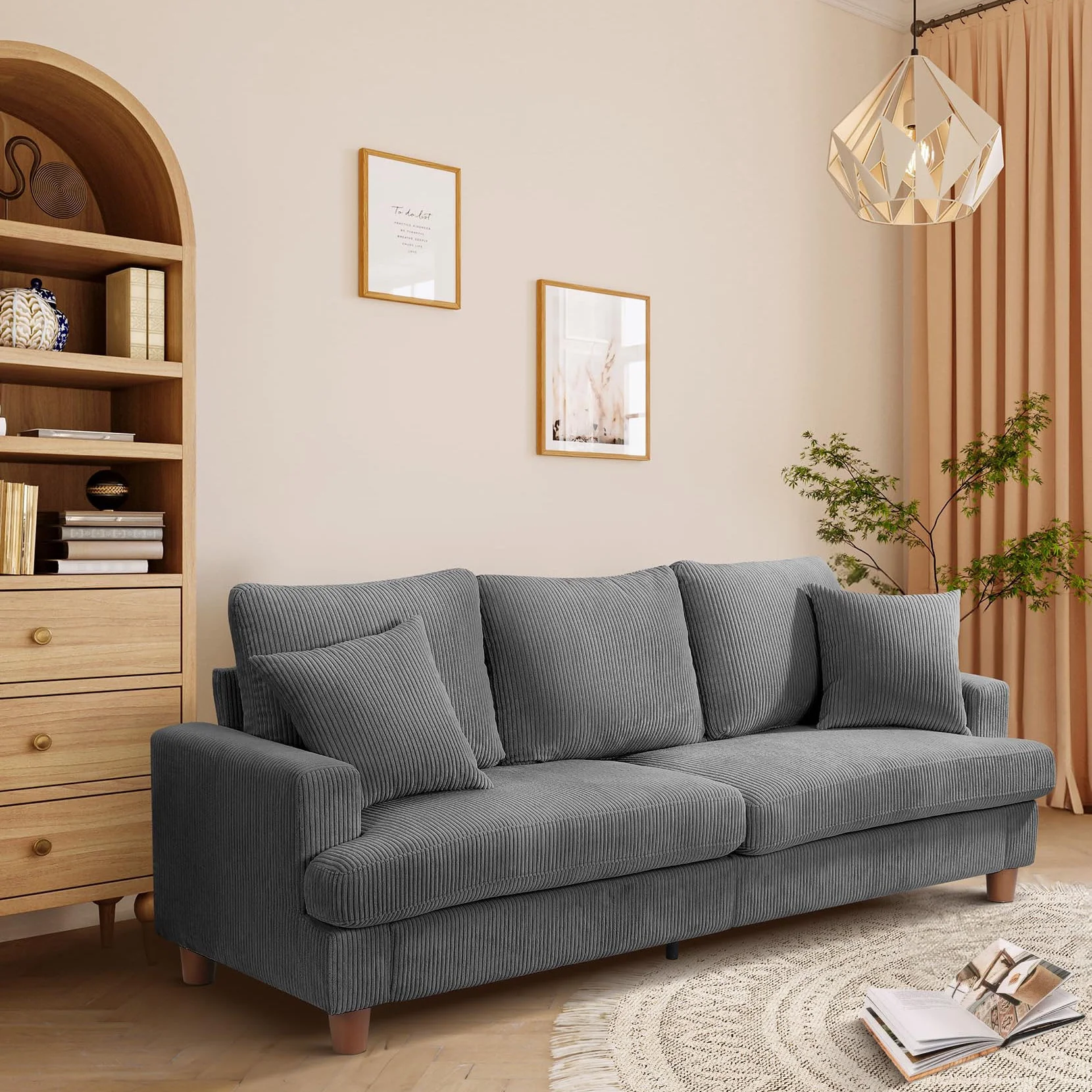 87" Corduroy Sofa,3 Seater Sofa Extra Deep Seats,Comfy Upholstered Couch for living Room,2 Pillows,Gray