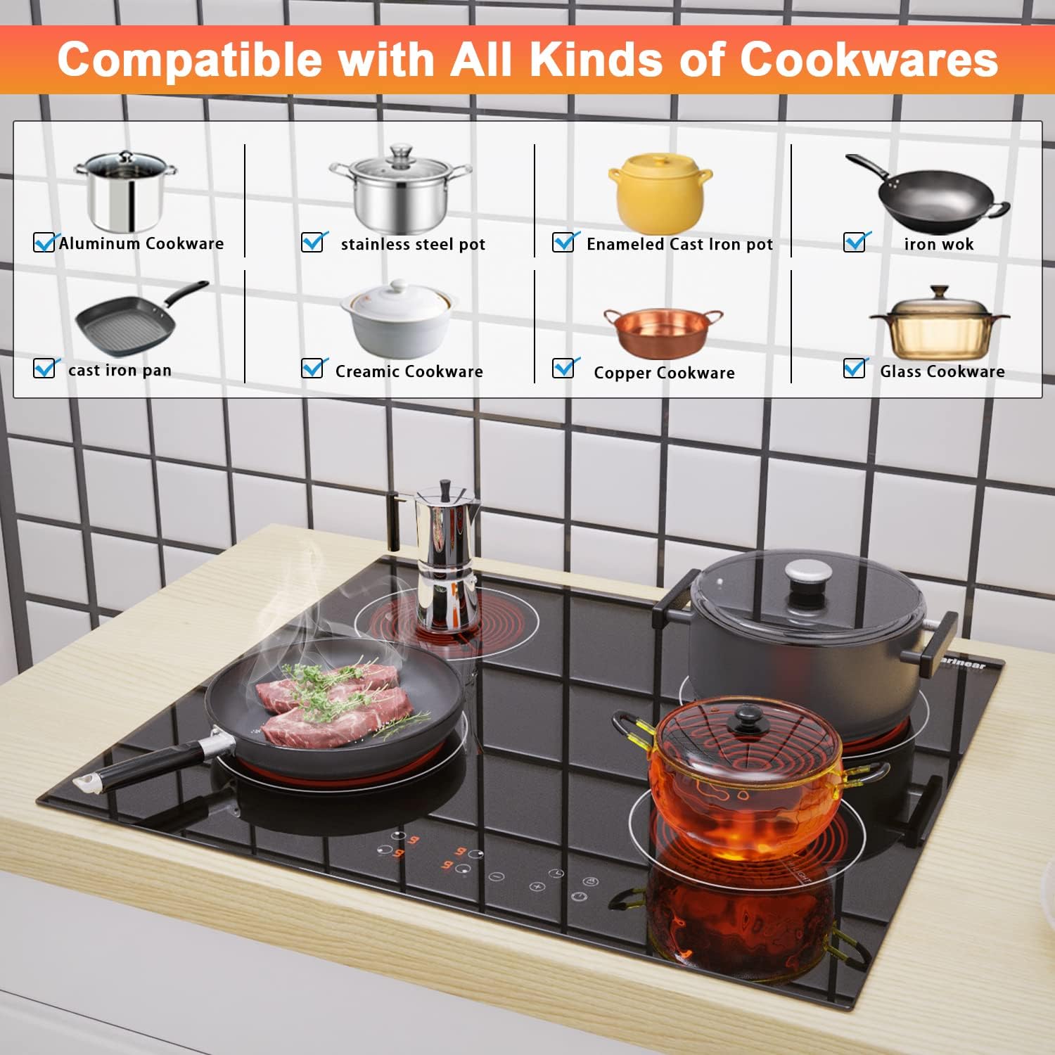 Karienar 24 Inch and 12 Inch Electric Cooktop 220V(No Plug) - Pack of 2