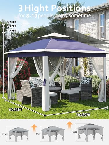 11x11 Pop Up Gazebo Tent with Mosquito Netting, Outdoor Canopy Shelter Easy Setup, Water & UV Resistant - Khaki