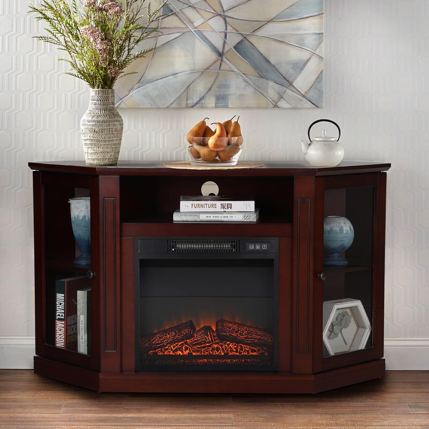 Sophia & William Farmhouse Electric Fireplace TV Stand for TV's Up to 65, Accent Decorative Barn Door Storage Cabinet Chest with 23 Insert Fireplace for Living Room Bedroom Home Office, Burlywood