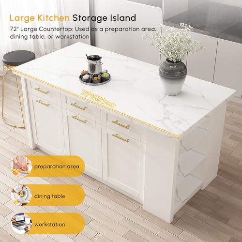 homary 72'' Kitchen Islands with Storage Modern White Kitchen Table with Seating & 3 Drawers Dining Table
