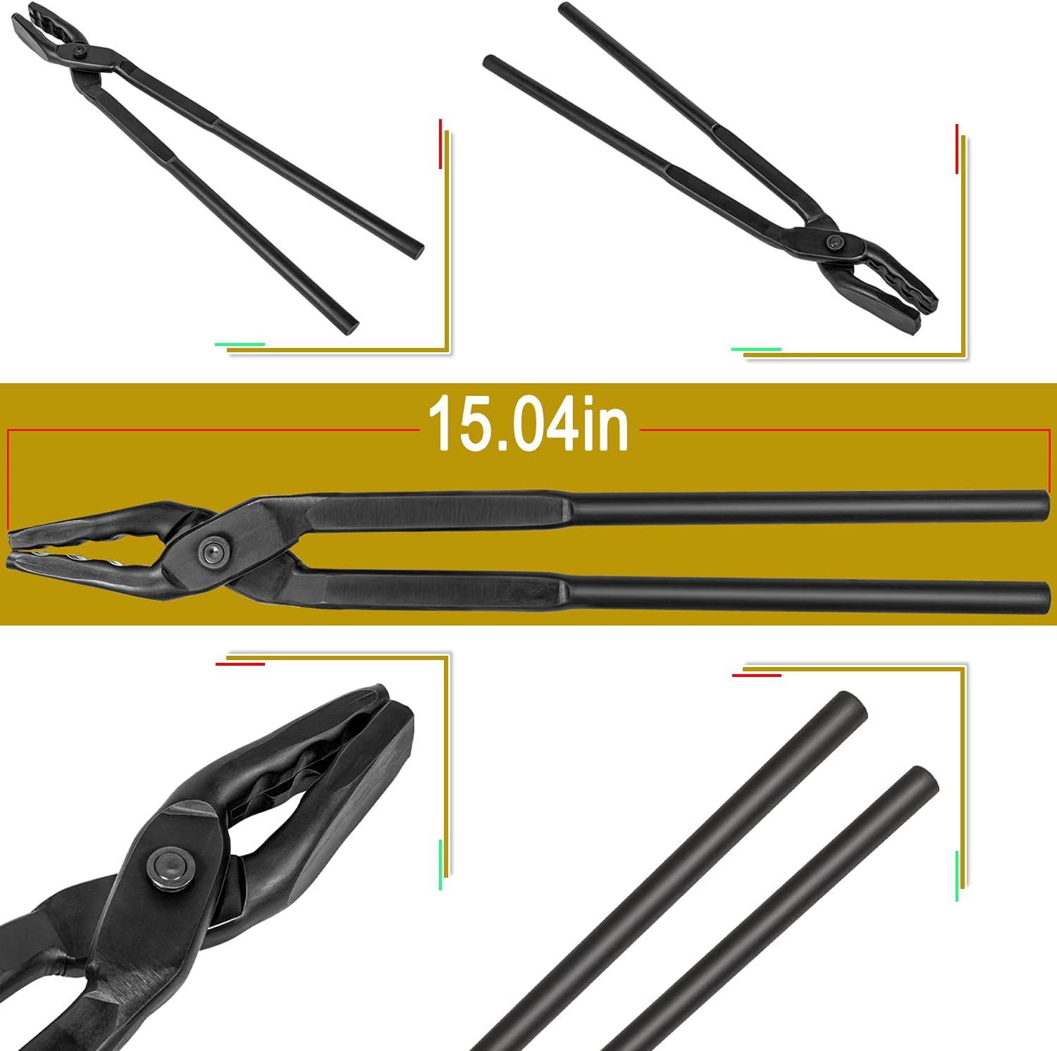 Blacksmith 15” Wolf Jaw Tongs and Hammer Tool Set Essential Tools for Blacksmith Bladesmith Forge Pack of 2