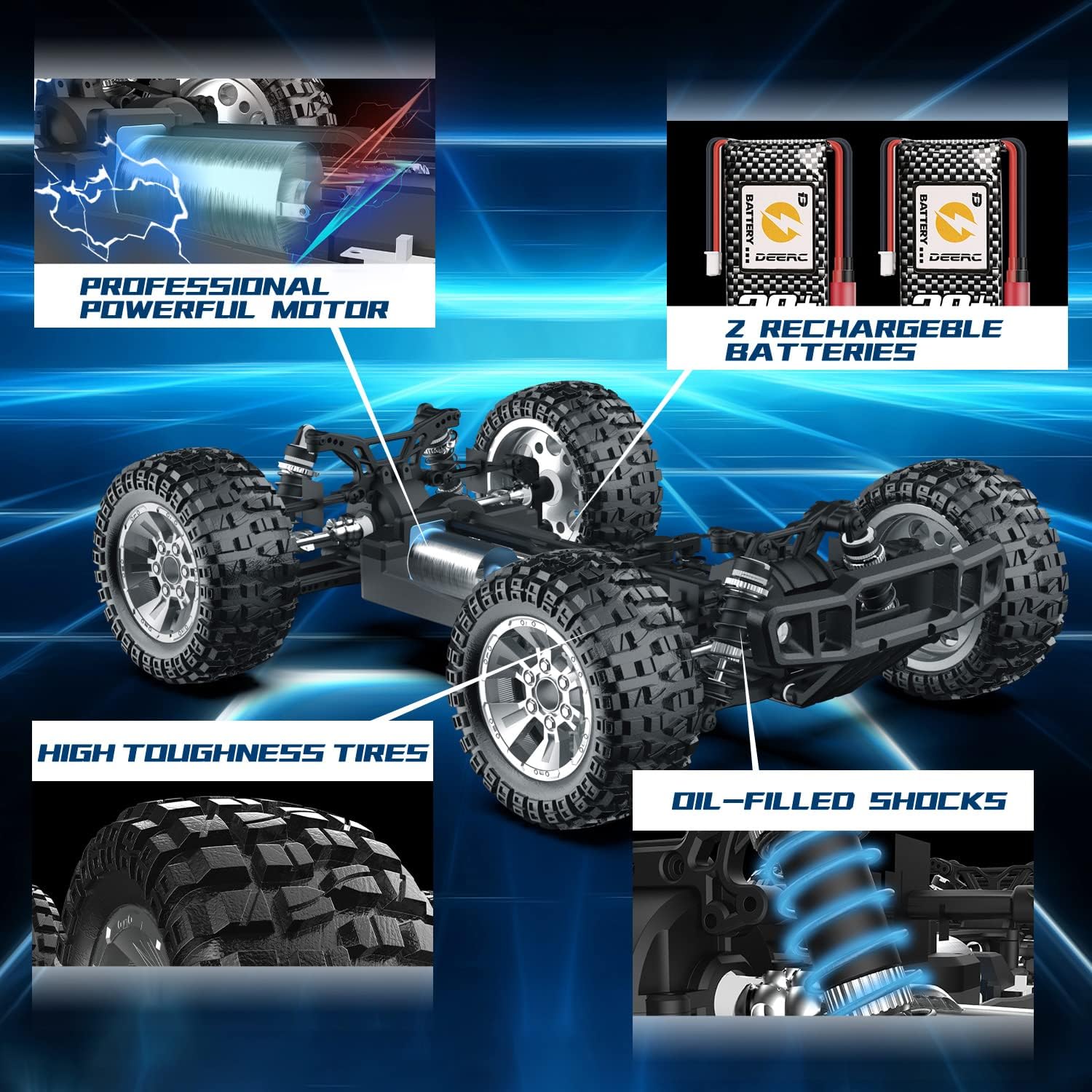 DEERC 9200E Large Hobby RC Cars, 48 KM/H 1:10 Scale Fast High Speed Remote Control Car for Adult Boy,Extra Shell 4WD 2.4GHz Off Road Monster RC Truck Toy All Terrain Racing,2 Batteries for 40 Min Play