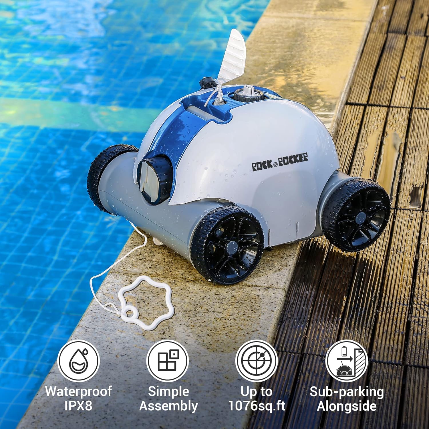 Rock&Rocker Cordless Robotic Pool Cleaner, Automatic Pool Robot Vacuum with 60-90 Mins Working Time, Rechargeable Battery, IPX8 Waterproof for Above Ground Swimming Pools Up to 861 Sq Ft, Blue