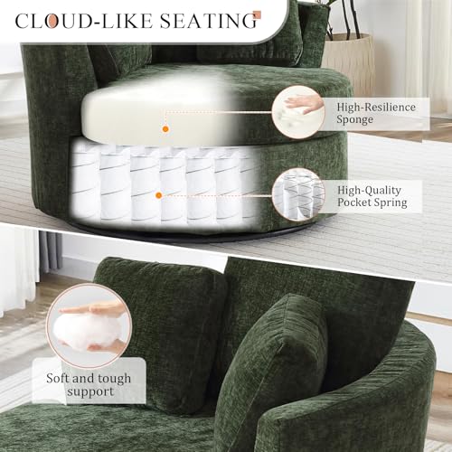 Chair and A Half with Ottoman, 360° Swivel Accent Barrel Chair Modern Comfy Round Reading Sofa Swivel Chairs Circle Lounge Chair for Bedroom Living Room w/4 Pillow Lower Seating Heigh (White, Large)