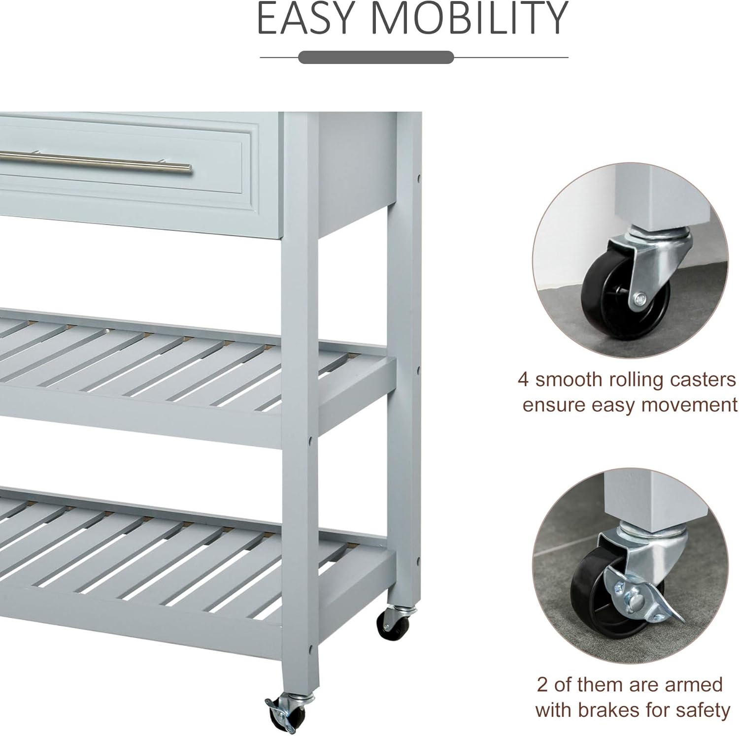 HOMCOM Kitchen Island Stainless Steel Top Rolling Utility Cart with Drawers, Shelves - Grey