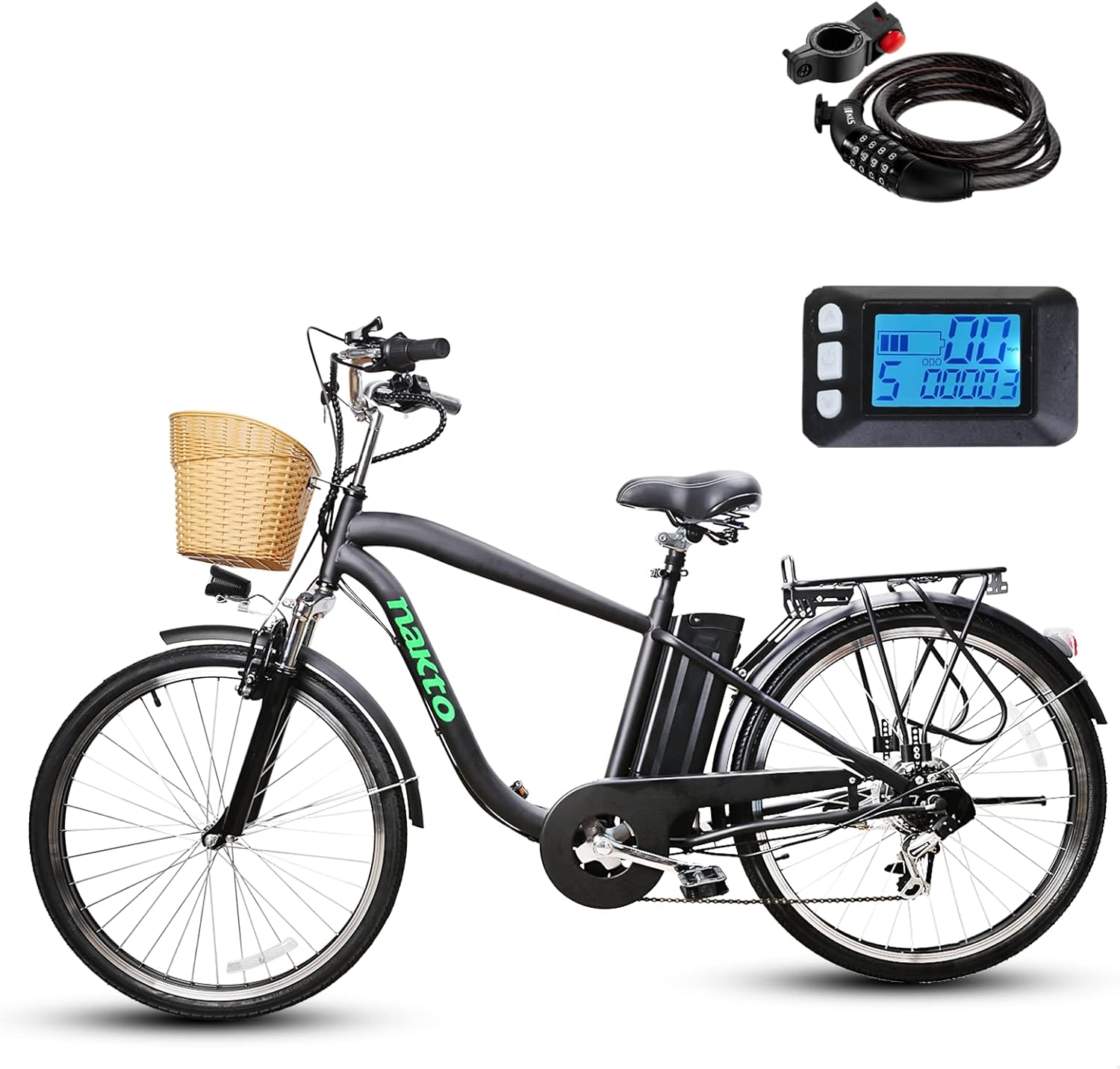 NAKTO 26'' Electric Bike for Adult, Cargo Electric Bicycle Camel Style, 250W/350W Brushless Motor and 10.5Ah Removable Lithium Battery| Commuting Essentials (Free Basket and Lock)