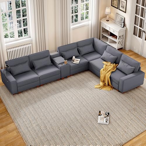 Modular Sectional Sofa, Convertible U Shaped Sofa Couch with Central Console & USB Ports, 7 Seat Modular Sectionals Couch with Chaise and Storage for Living Room, Light Grey