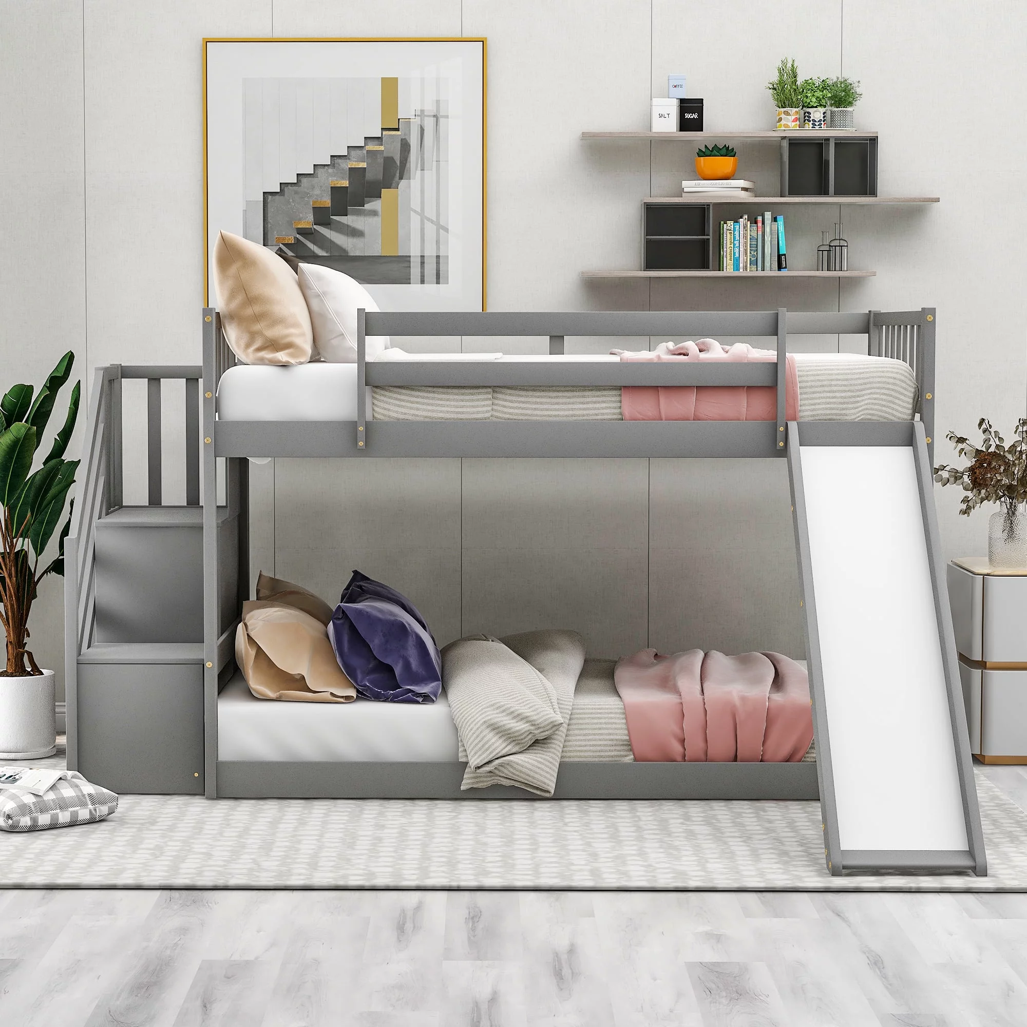 THINK 30,Solid Wood Twin Over Twin Bunk Bed with Convertible Slide and Stairway, Low Bunk Bed with Storage Space Multifunctional Design, Gray