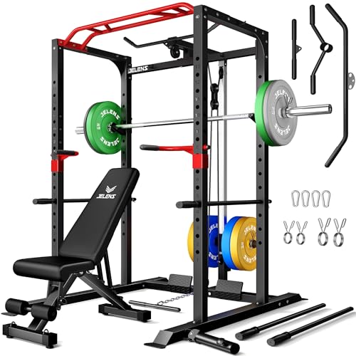 Power Cage, 2000LBS Multi-Function S11 Power Rack with LAT Pulldown, Squat Rack with Adjustable Pulley System and More Training Attachments, Weight Workout Machine for Home Gym