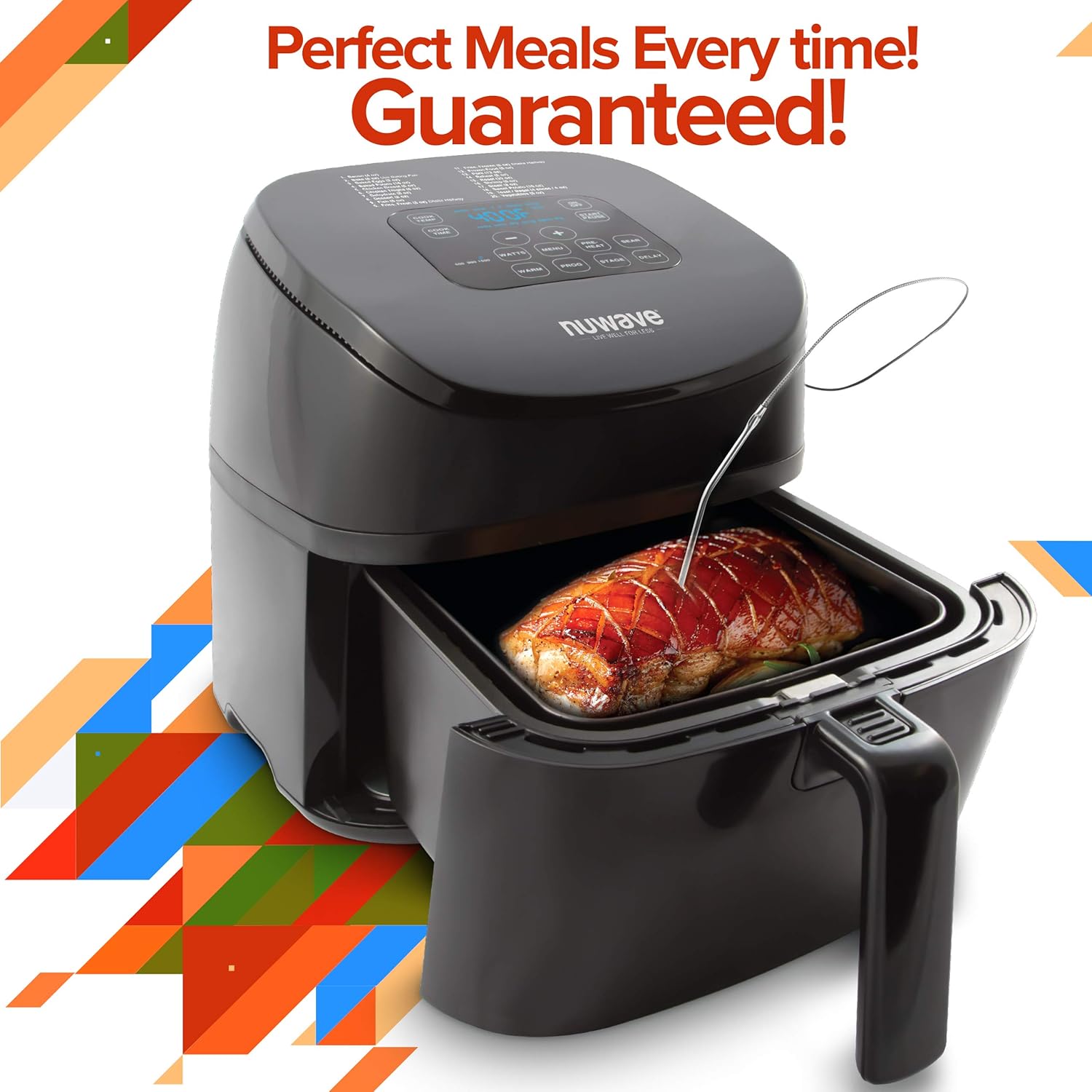 NUWAVE Brio 4.5-Quart Digital Air Fryer includes precise temperature control, one-touch digital controls, 6 easy presets, wattage control, recipe book, Nuwave Cooking Club App, and advanced functions like PREHEAT or REHEAT