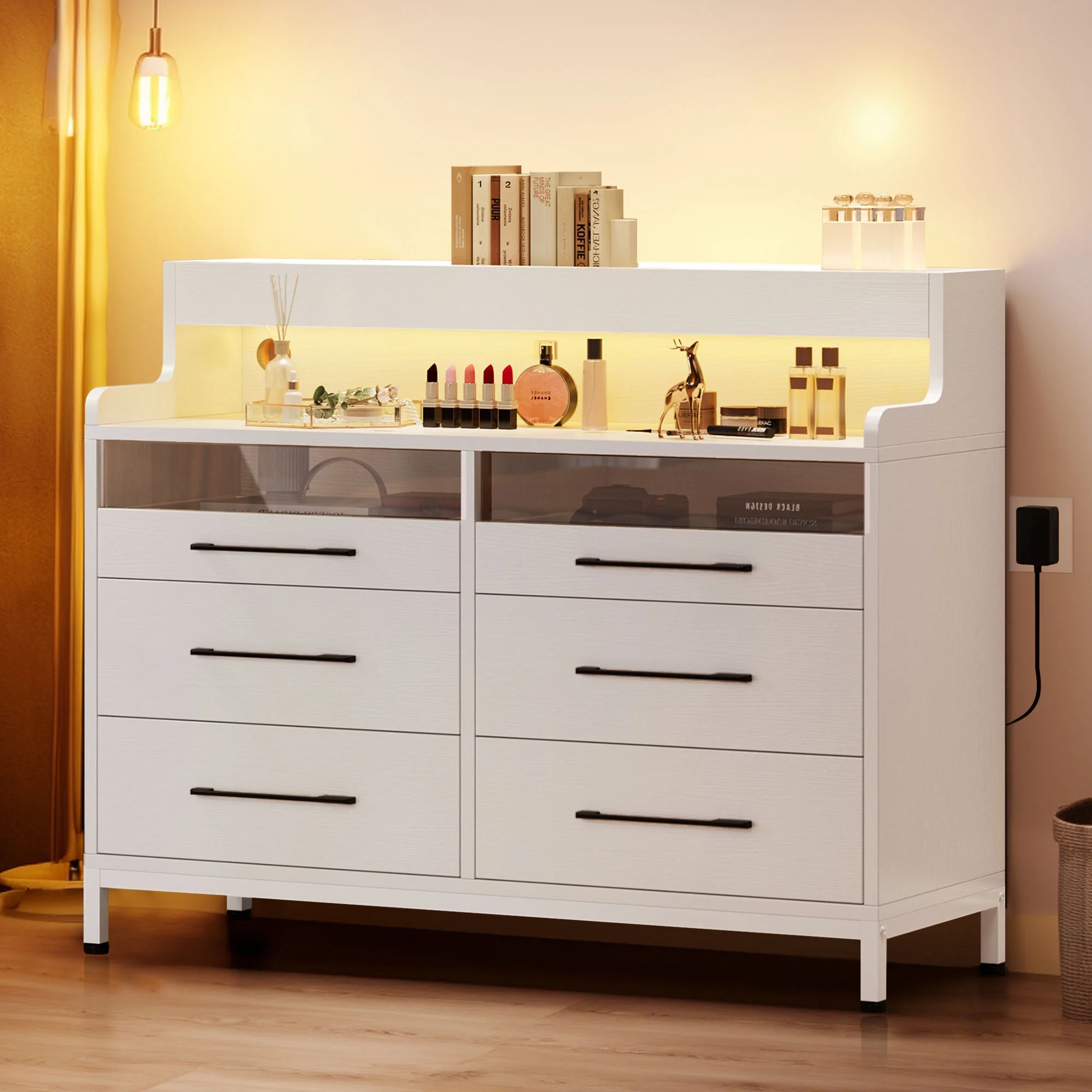 Dextrus 6 Drawer Dresser for Bedroom, Double Dressers & Chests with LED Light & Open Storage, Modern Chest Organizer for Bedroom, Living Room, Entryway, Hallway, White