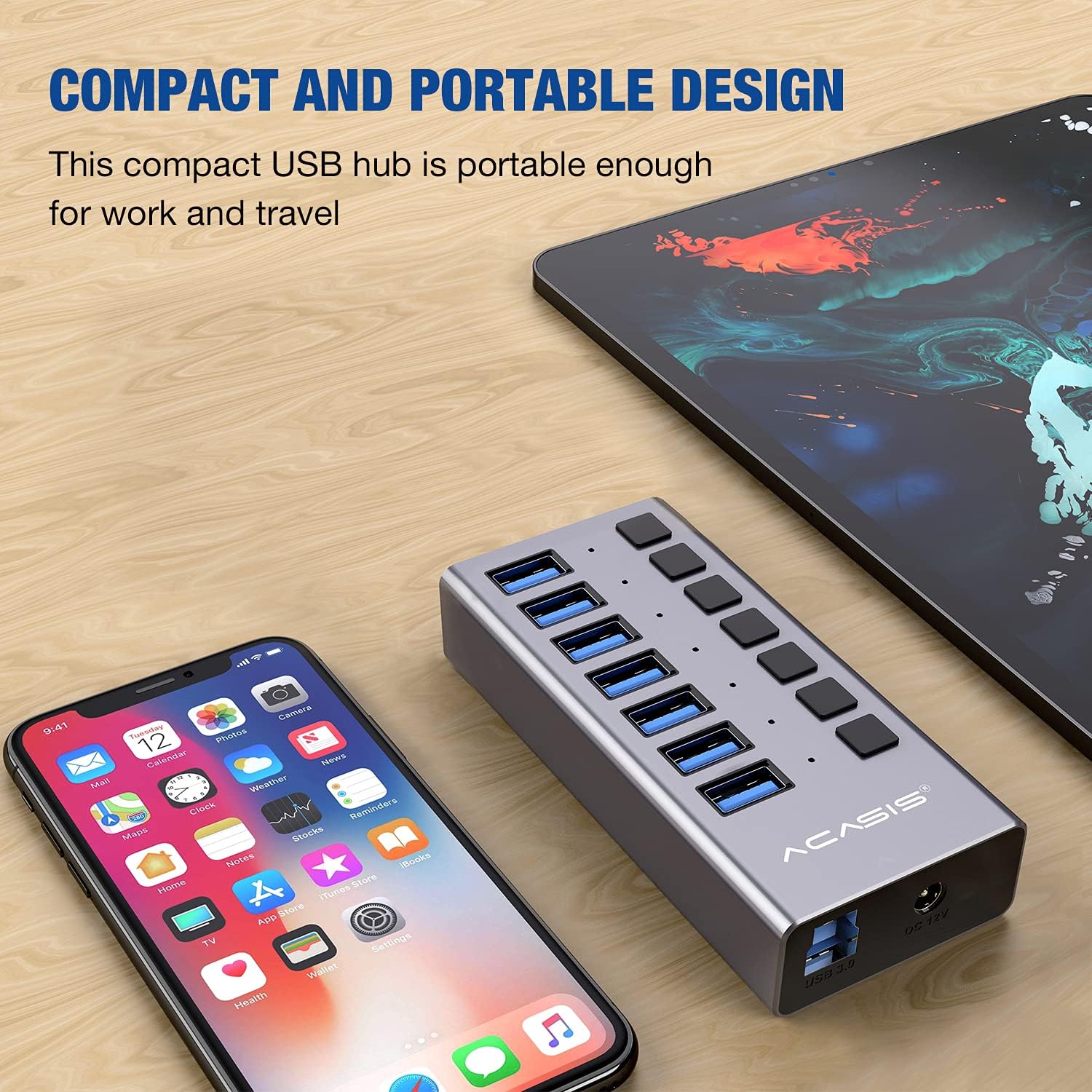 Powered USB Hub - ACASIS 10 Ports 48W USB 3.0 Data Hub - with Individual On/Off Switches and 12V/4A Power Adapter USB Hub 3.0 Splitter for Laptop, PC, Computer, Mobile HDD, Flash Drive and More