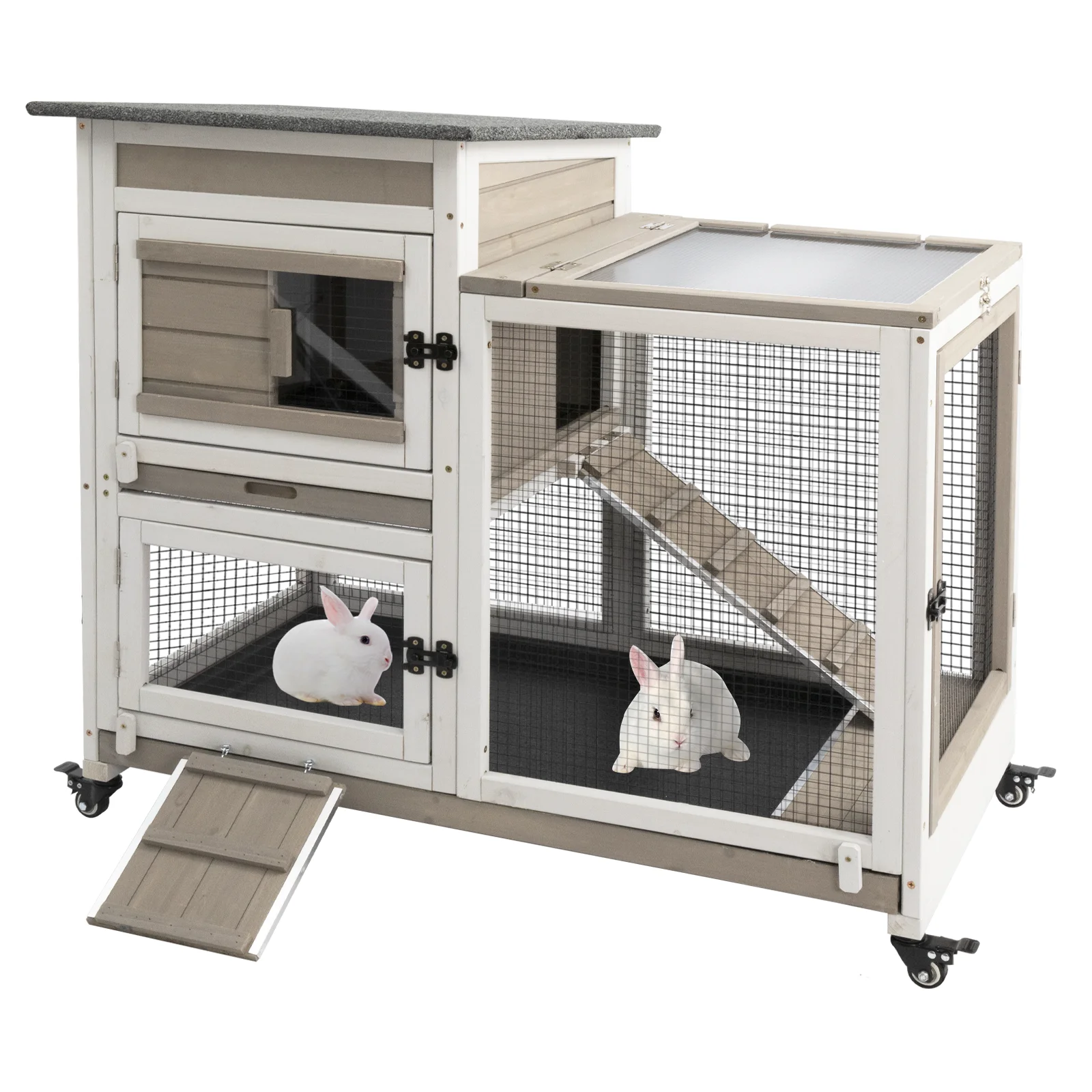 PETSCOSSET 40"L Rabbit Hutch Indoor Wooden Large Bunny Hutch Outdoor 2 Story Rabbit Cage on 4 Metal Wheels with Run and 2 Pull Out Trays UV Panel Guinea Pig Pet House for Small to Medium Animals