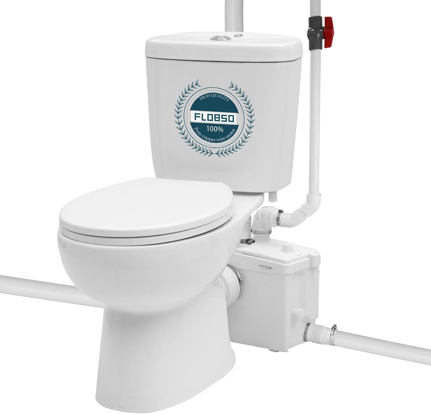 Upflush Toilet with 850 watt Macerating Pump, Two Piece Toilet for Basement, Dual Flush Elongated Toilet, 4 Water Inlets for Kitchen Sink Shower, AC Vents, Automatic Disposal Pump, 36ft Vertically