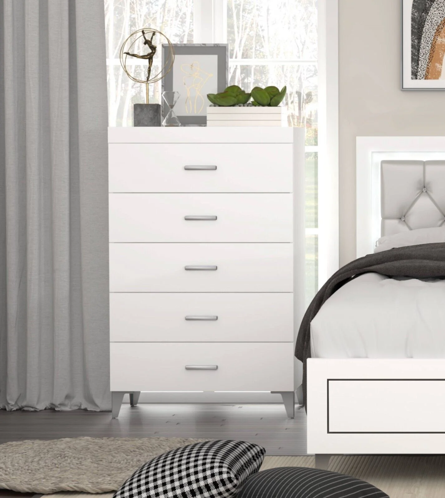 Stylish White Finish 5pc Bedroom Set Queen Size Bed Button-Tufted LED Headboard Nightstand Dresser Chest Mirror