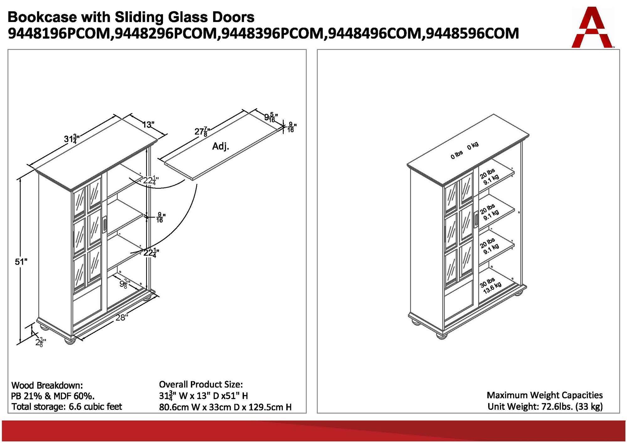 Sona Bookcase with Sliding Glass Doors, N/A / White