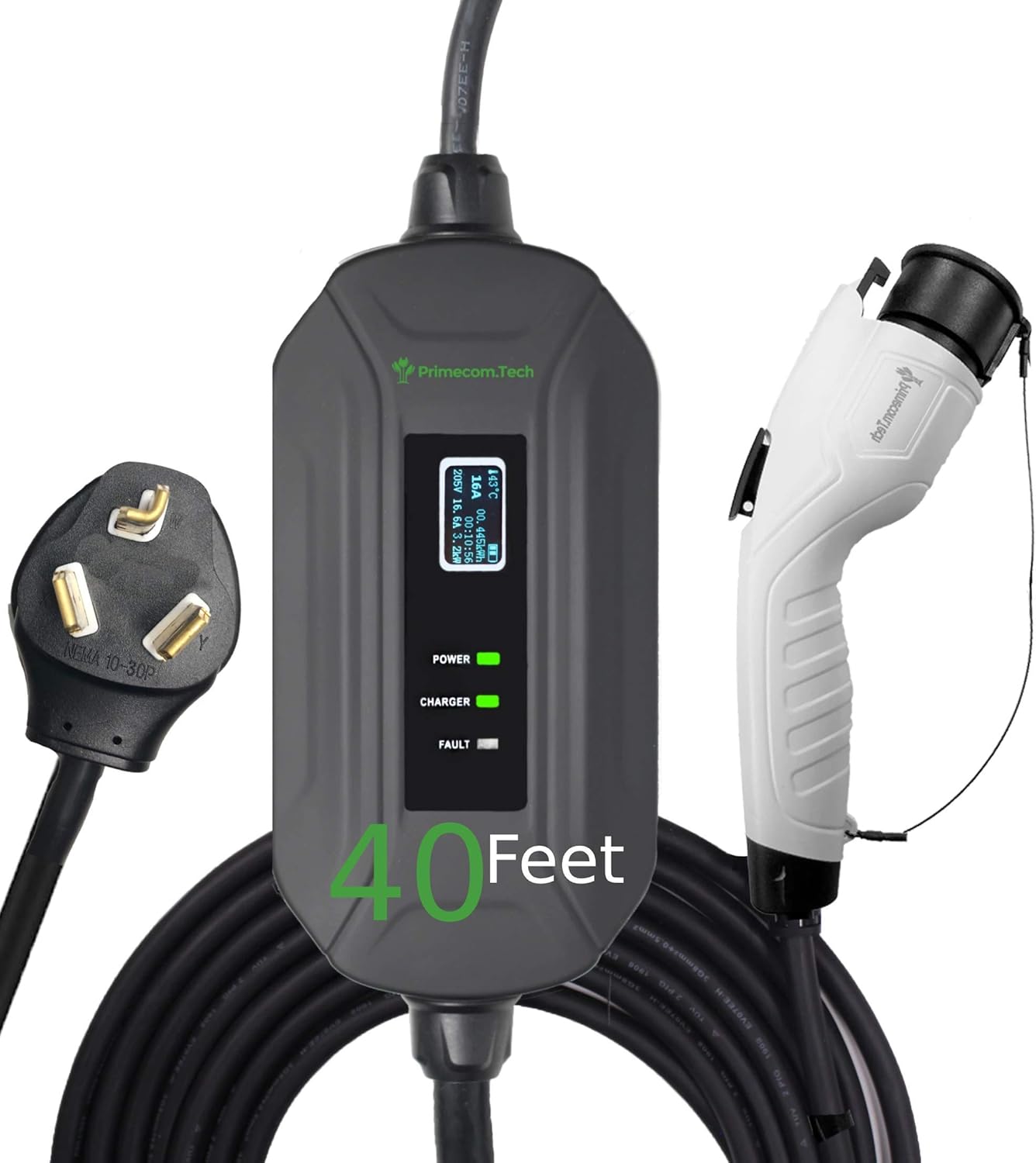 PRIMECOM Level 2 Electric Vehicle (EV) Charger (220V / 240Volt, 16Amp) Portable EVSE Smart Electric Car Charger, 30', 40', and 50 Feet Lengths (European, 35 Feet)