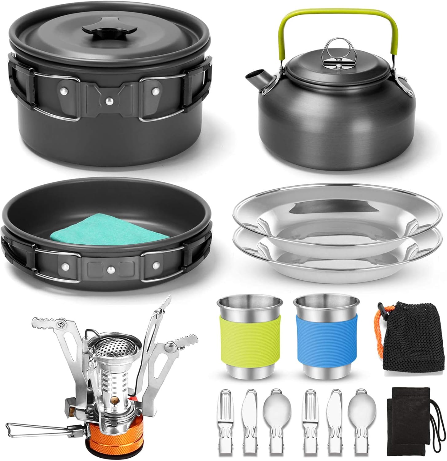 Odoland 16pcs Camping Cookware Set with Folding Camping Stove, Non-Stick Lightweight Pot Pan Kettle Set with Stainless Steel Cups Plates Forks Knives Spoons for Camping Backpacking Outdoor Picnic