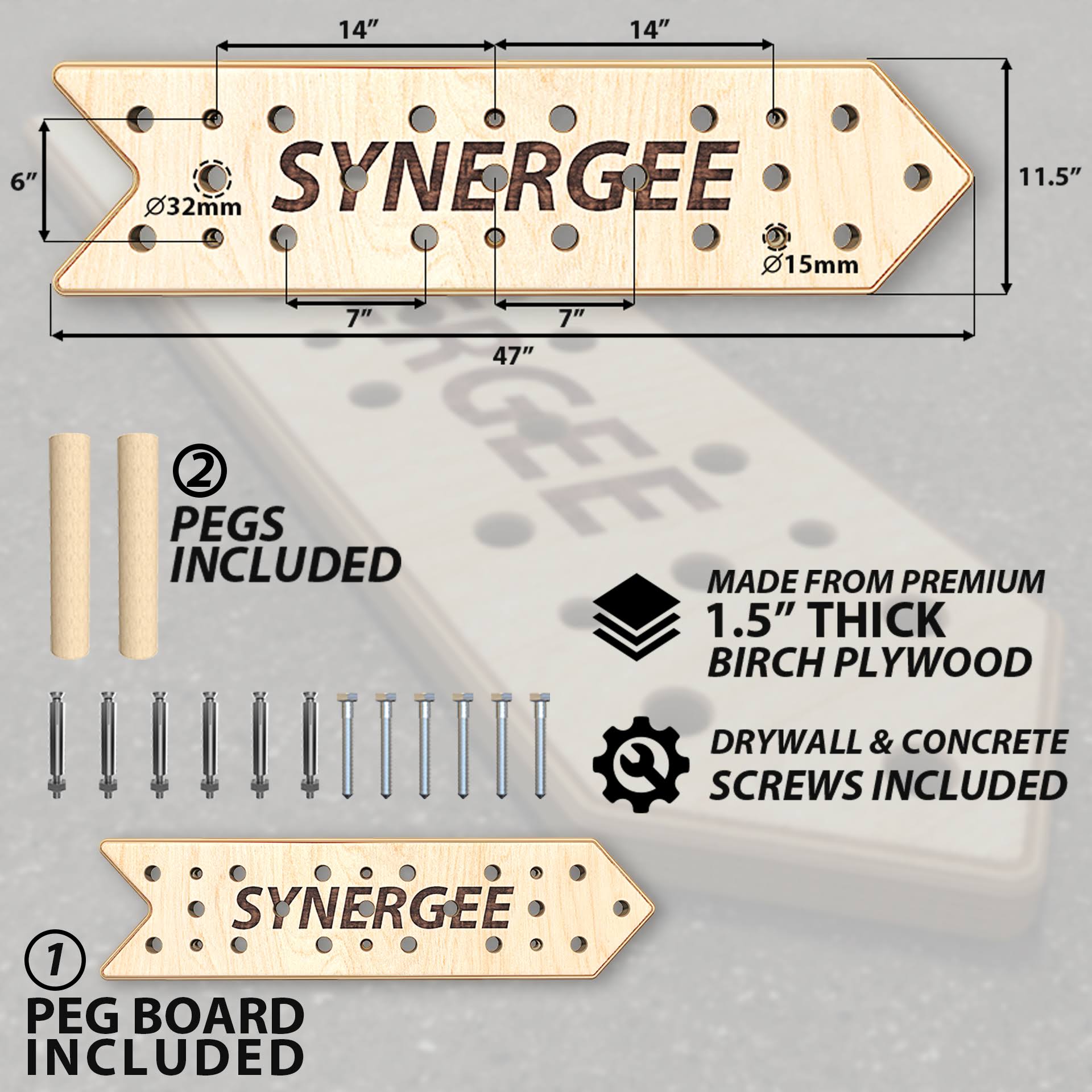 Synergee Peg Board 4ft and 8ft Climbing Pegboard for Pull Up, Rock Climbing, Parkour, and Fitness. Includes 2 or 4 Pegs.