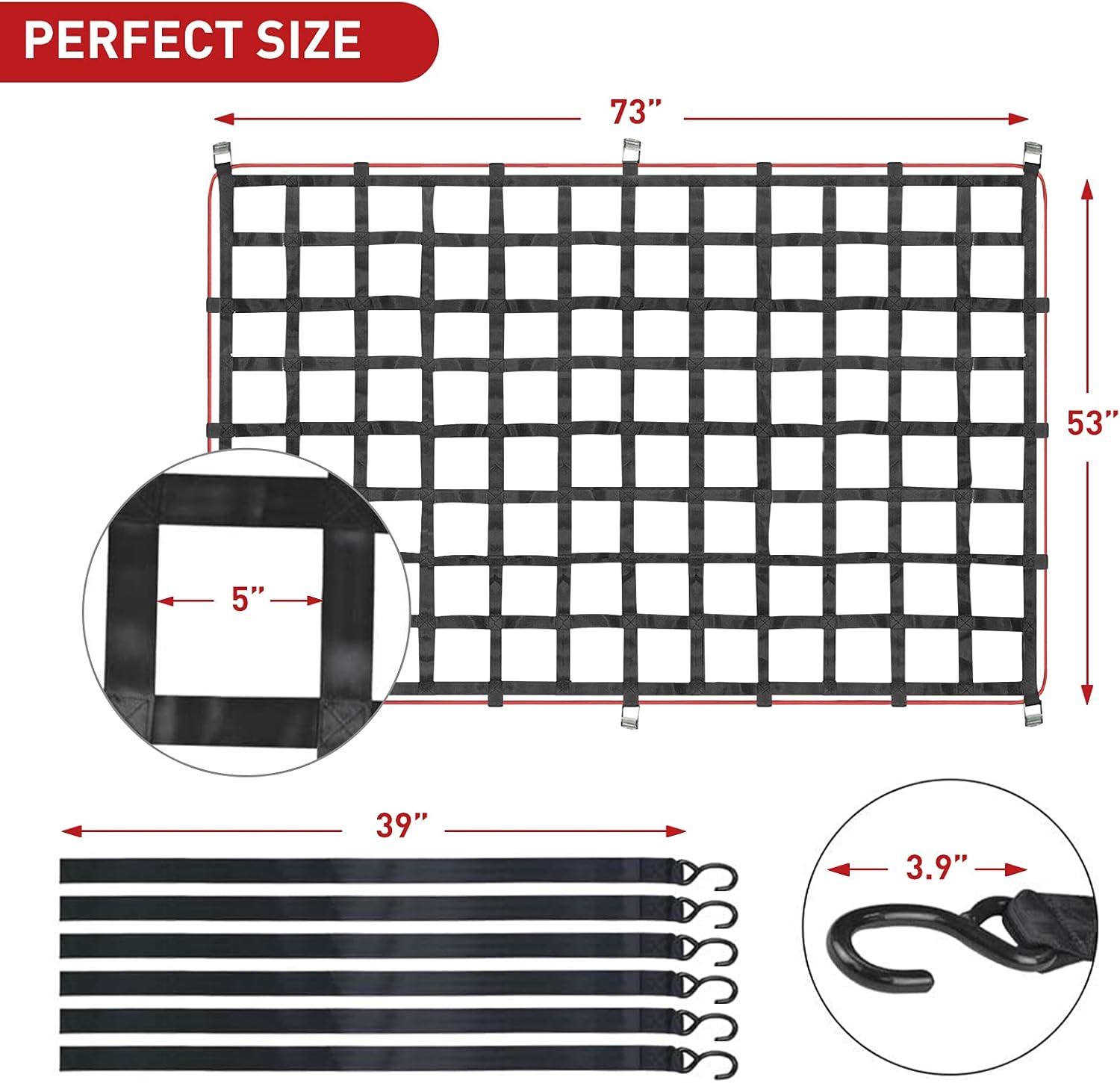 AUTOGEN Truck Bed Cargo Net, 57x73 Cargo Net with Cam Buckles & S-Hooks, Heavy Duty Cargo Nets Capacity 1100LBS for Pickup Trucks (4.75' x 6')