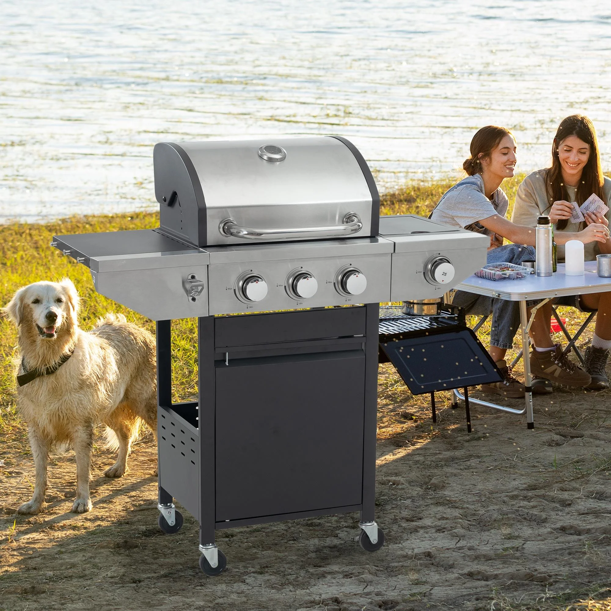 SEGMART 3 Burner BBQ Propane Gas Grill with Side Burner, Stainless Steel 37,150 BTU Patio Garden Barbecue Grill with Lid, Wheels, Shelves and Bottle Opener, Perfect for Camping, Outdoor Cooking