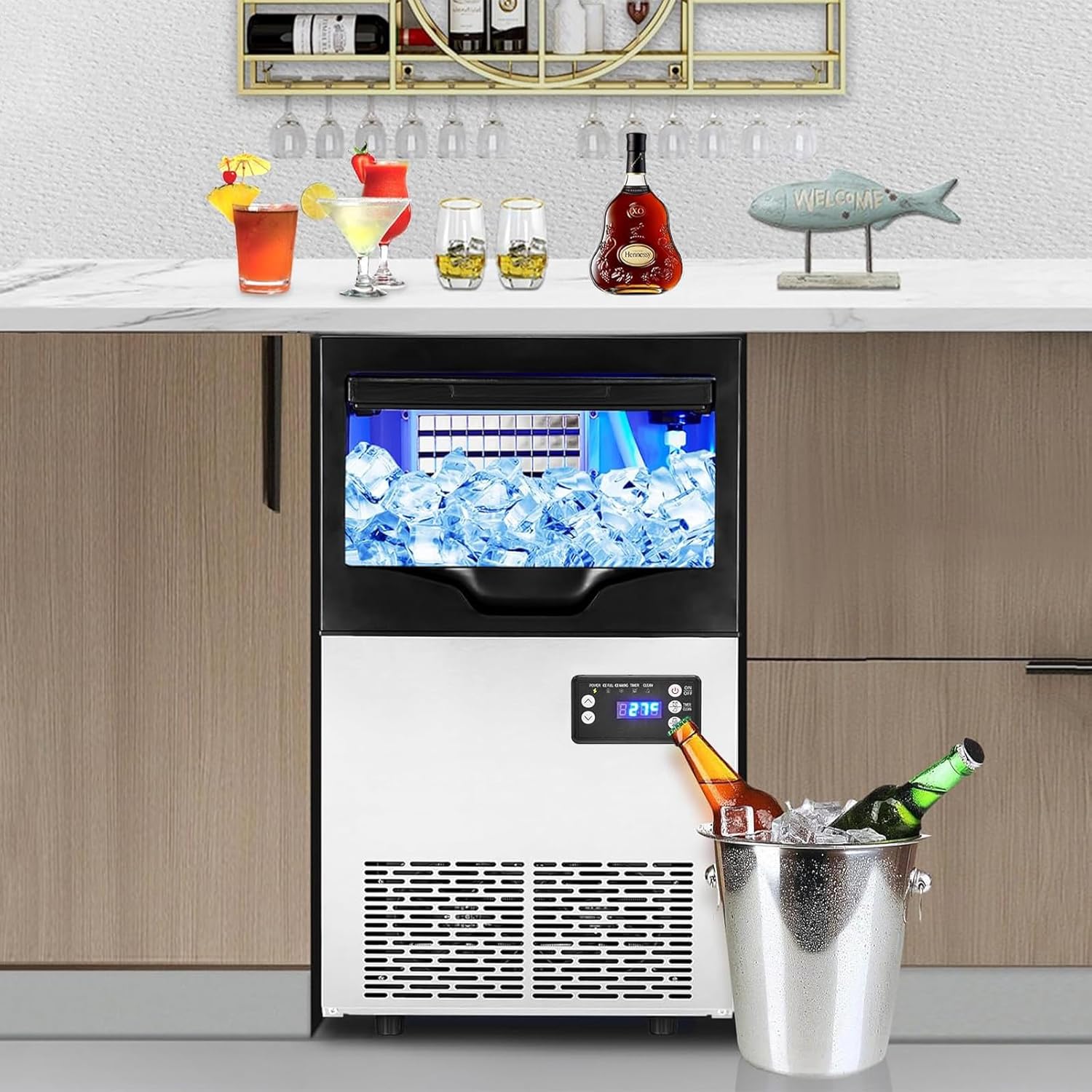 Commercial Ice Maker Machine 100LBS/24H, Stainless Steel Under Counter ice Maker Machine, 33LBS Ice Storage, LCD Controller, Self Cleaning, Large nugget Ice Maker for Restaurant/Bar/Cafe/Office