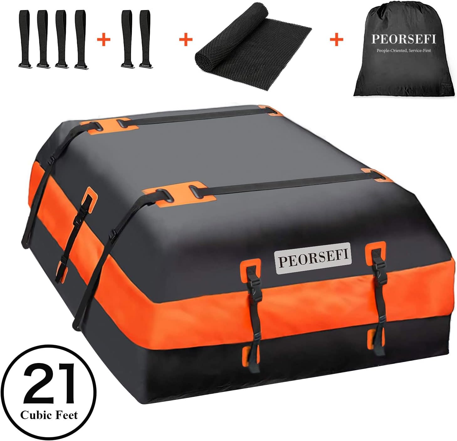 Rooftop Cargo Carrier Bag - 15 Cubic Feet PEORSEFI Waterproof Car Roof Bag for Cars with Racks or Without Racks Includes 6 Door Hooks, Roof Protective Mat, Storage Bag (15 Cubic Feet, Black-Blue)