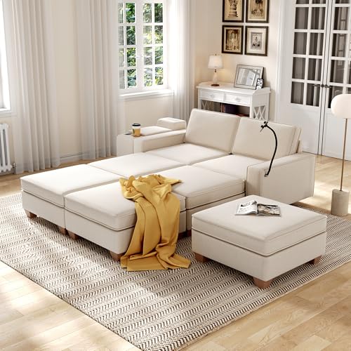 Modular Sectional Sofa, Convertible U Shaped Sofa Couch with Central Console & USB Ports, 7 Seat Modular Sectionals Couch with Chaise and Storage for Living Room, Light Grey