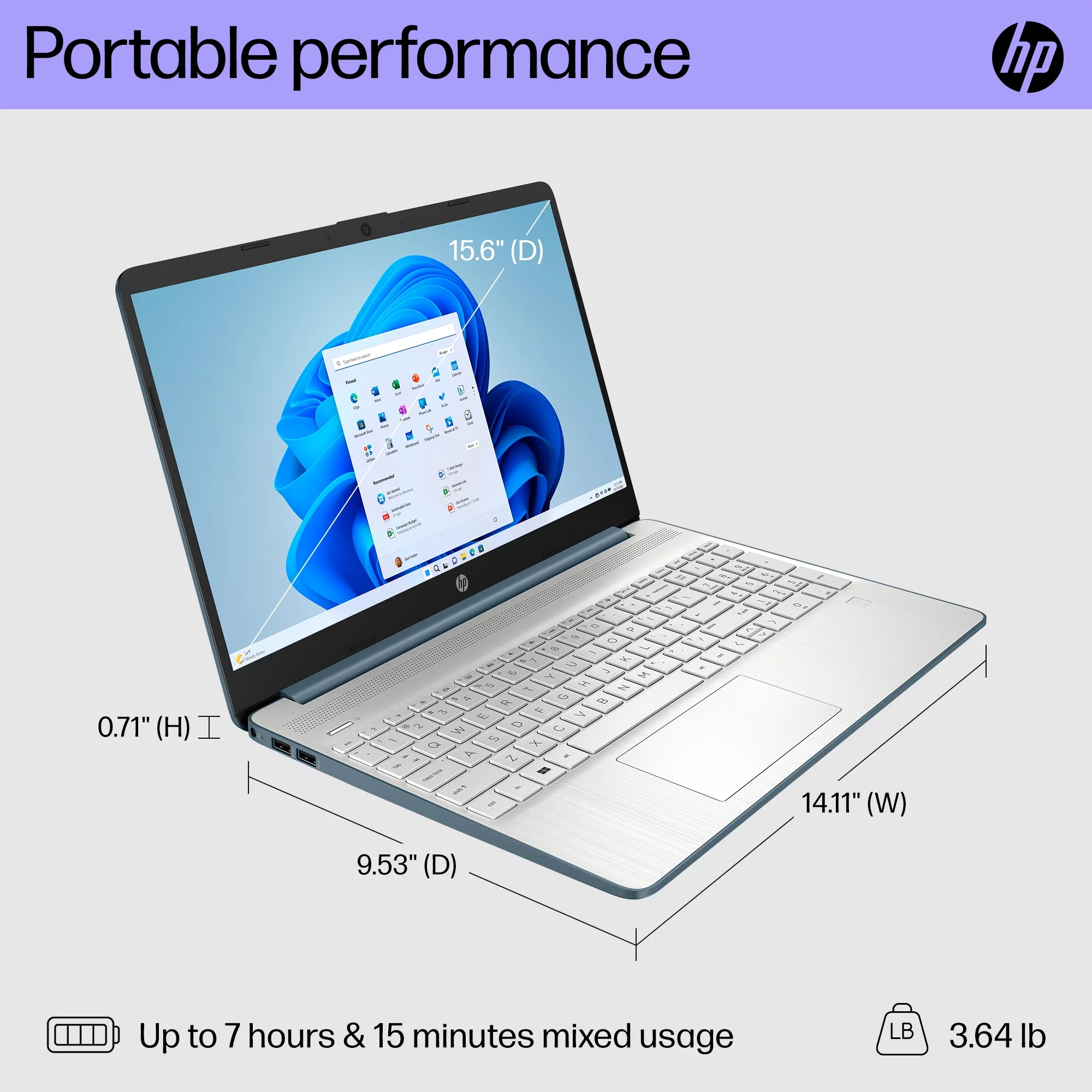 HP 15.6" FHD Laptop, Intel Core i7-1165G7, 16GB RAM, 512GB SSD, Spruce Blue, Windows 11 Home, 15-dy2762wm