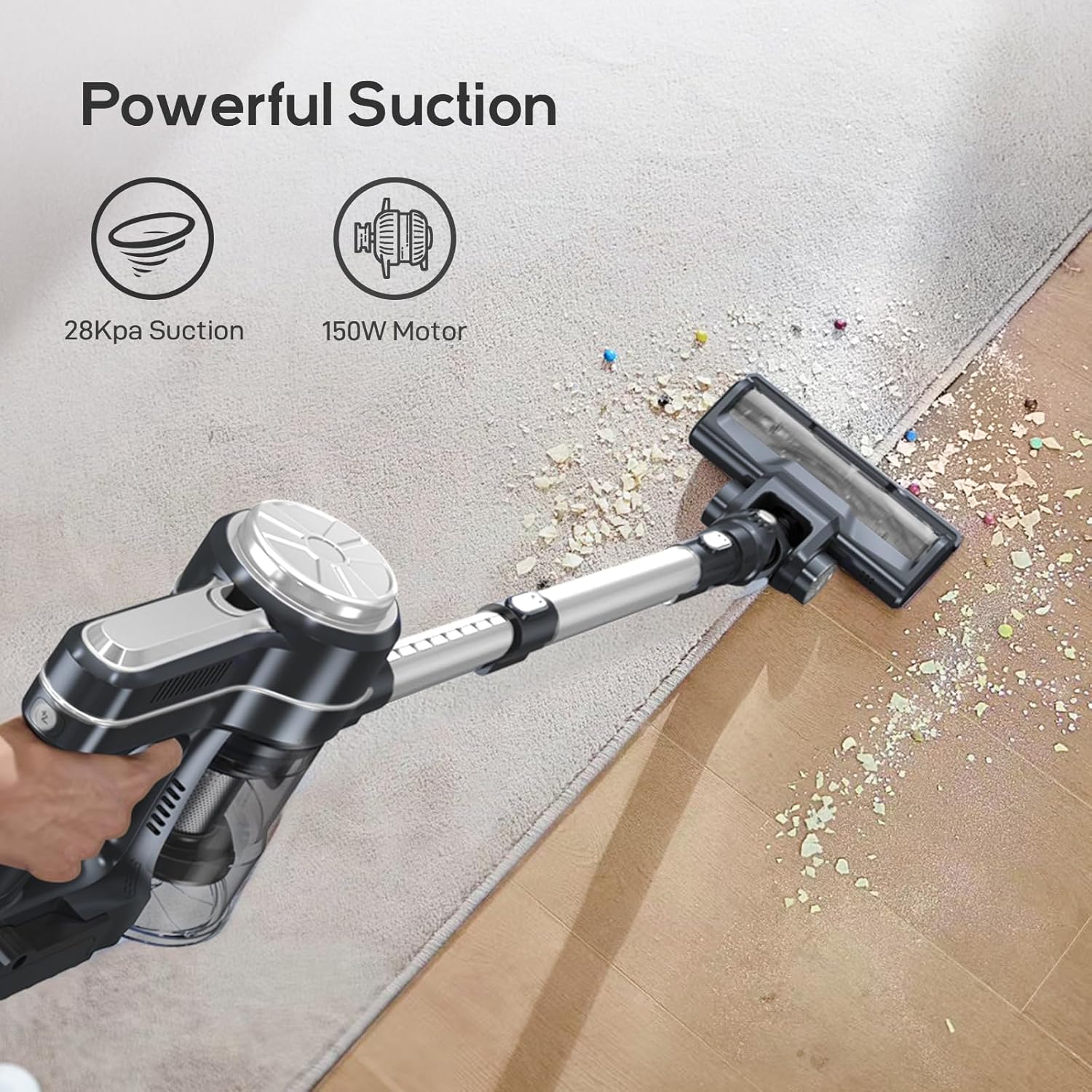 Cordless Vacuum Cleaner, 28kPa Powerful Stick Cordless Vacuum Cleaner, 40 Running Mins, Removable Battery, 1.5 L Dust Cup, LED Light, Suitable for Carpets Hard Floors Pet Hair,Silver White