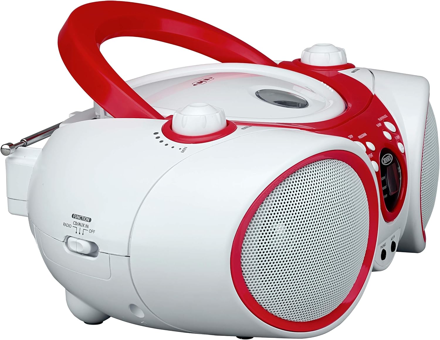 Jensen CD Boombox CD-490 White/Red Portable Stereo Boombox + CD-R/RW Player with AM/FM Radio and Aux Line-In (Limited Edition Color) Pack of 2