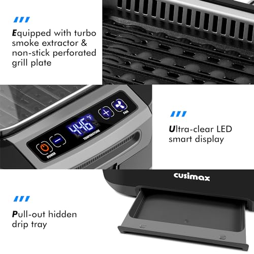 CUSIMAX Smokeless Indoor Grill, 1500W Korean BBQ Grill with Lid， Non-stick Removable Grill Plate, Turbo Smoke Extractor