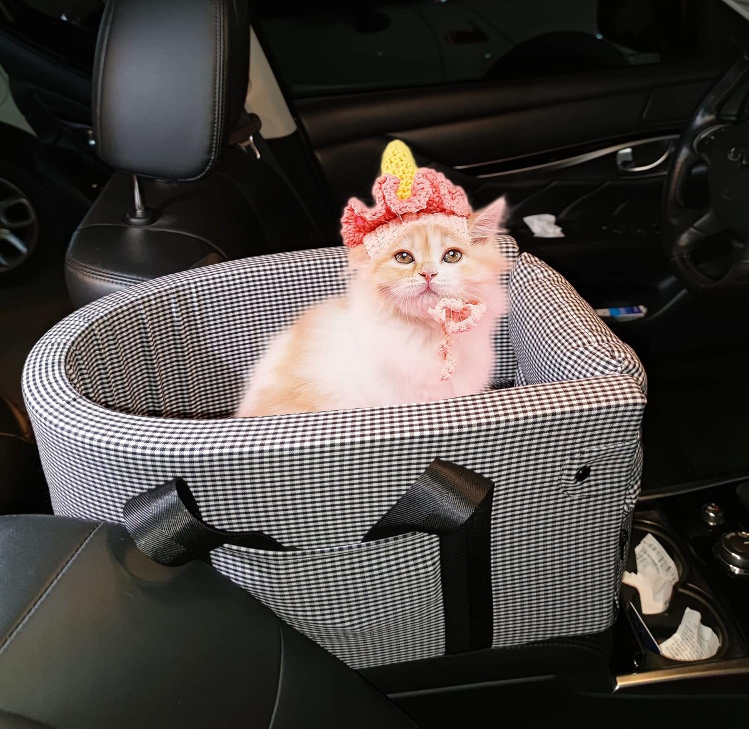 Ximei Dog Booster Car Seat ON Car Armrest Center Console Dog Pet Booster Car Seat Dog Cat Travel Seat Puppy Console for SUV Secure Safety Seat Perfect for Small Dogs Cats (Black and White)