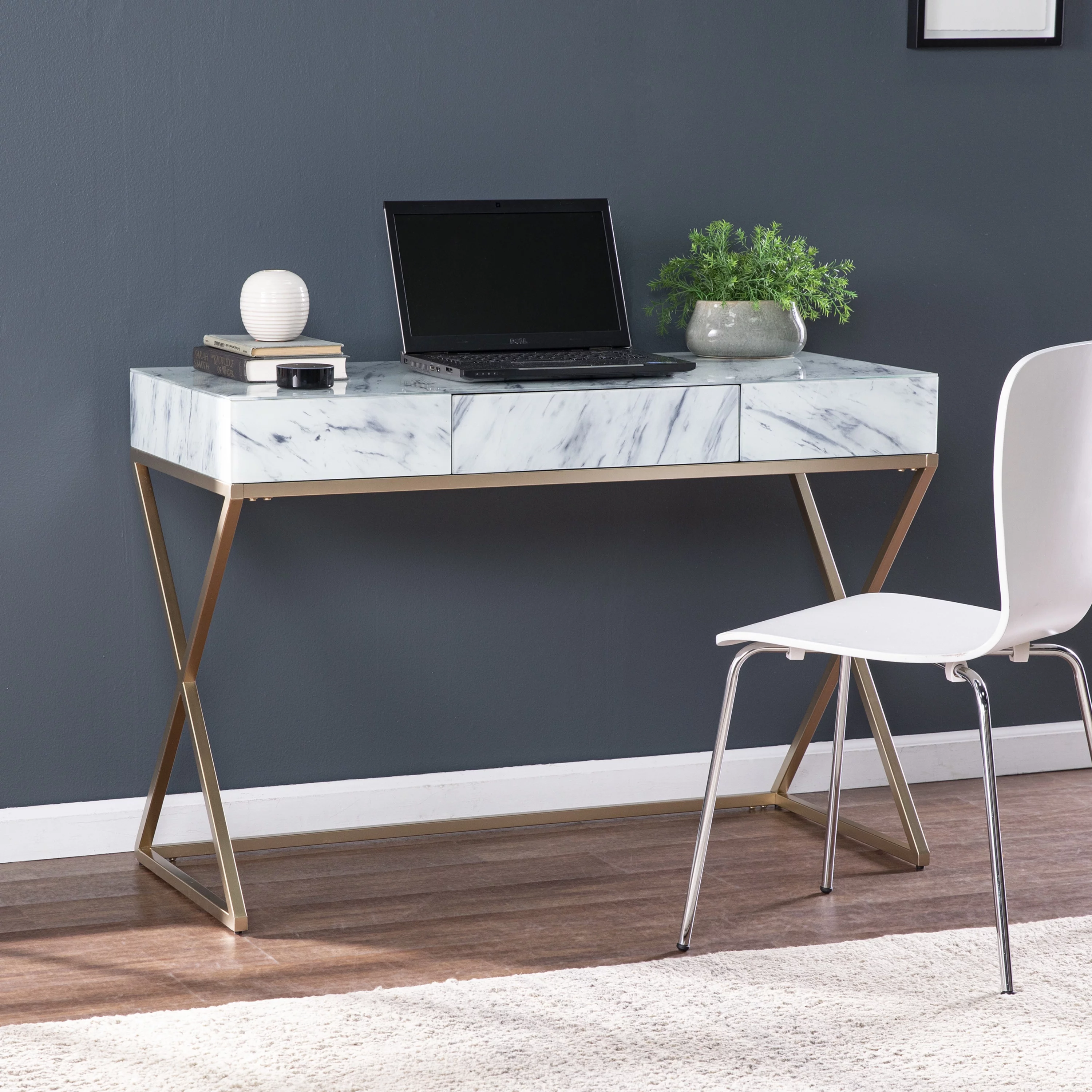 SEI Kamula Glam style Faux Marble Writing Desk with Storage in Gold finish with Gray and White faux marble