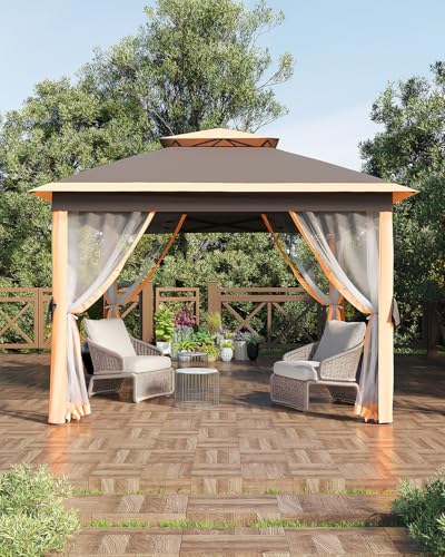 11x11 Pop Up Gazebo Tent with Mosquito Netting, Outdoor Canopy Shelter Easy Setup, Water & UV Resistant - Khaki
