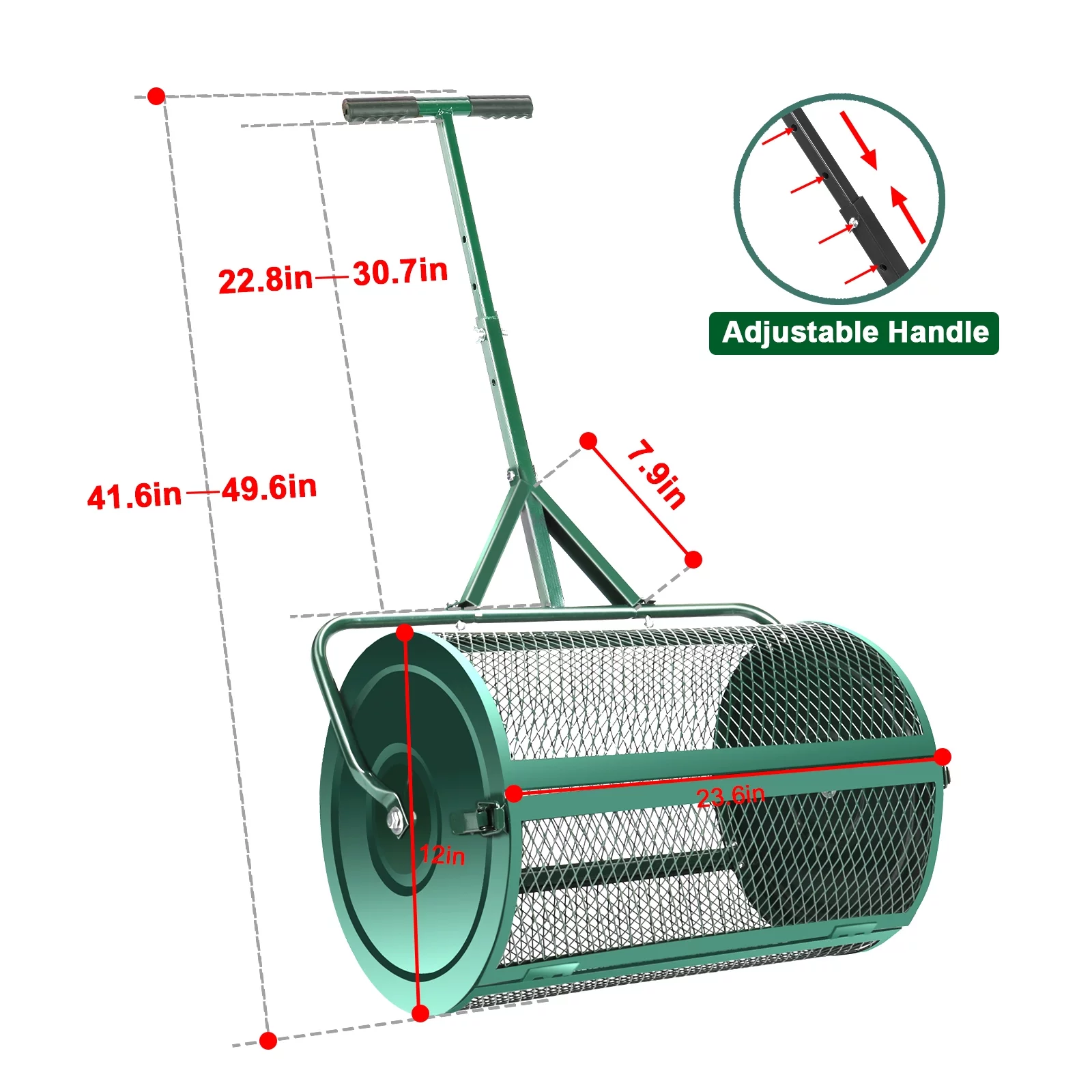 24" Compost Spreader, Aesraou Lightweight Manure Peat Moss Spreader with Upgrade T-Shaped Handle for Lawn and Garden Care Manure Spreaders Roller (Green-Small)