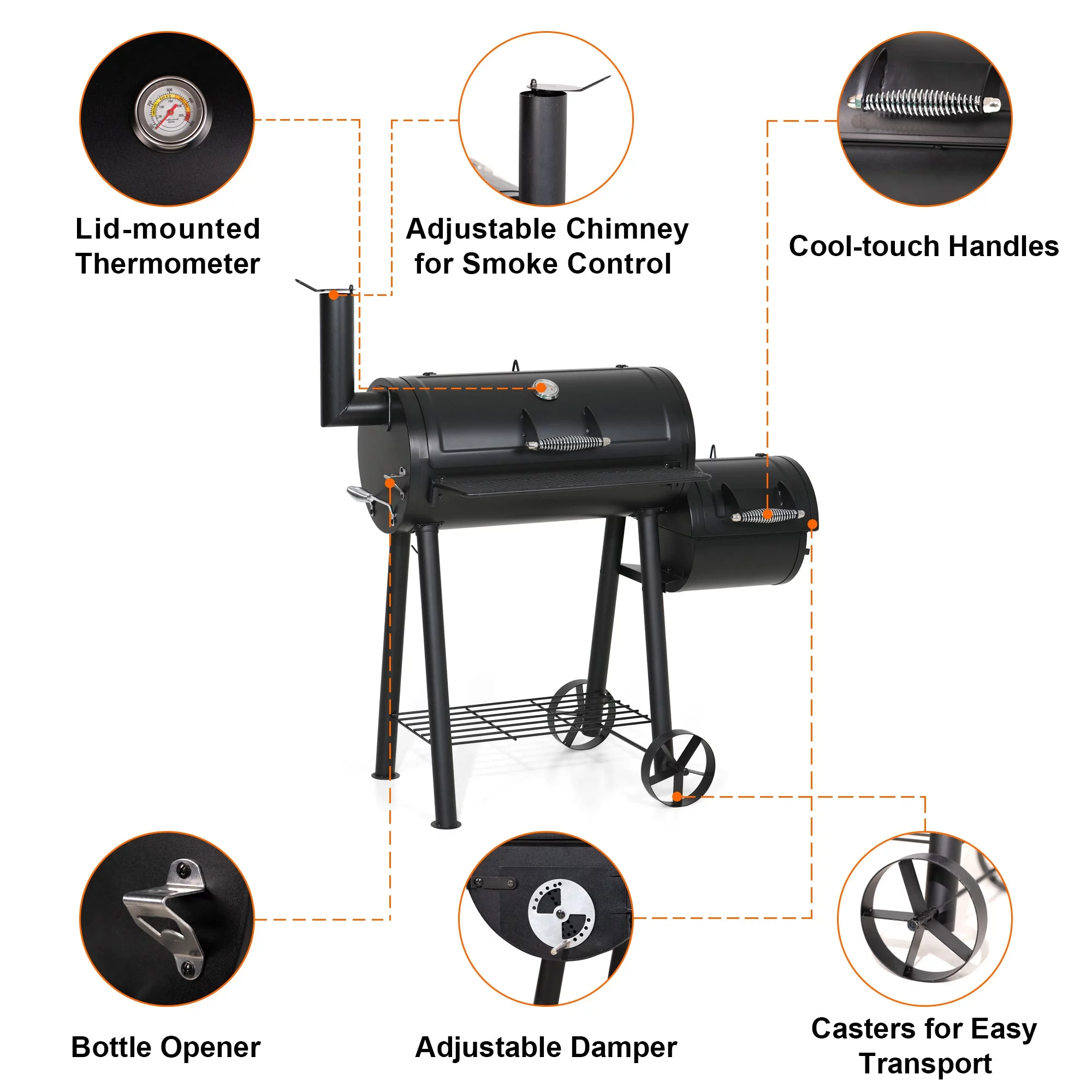 Alpha Joy Steel BBQ Charcoal Grill with Offset Smoker in Black