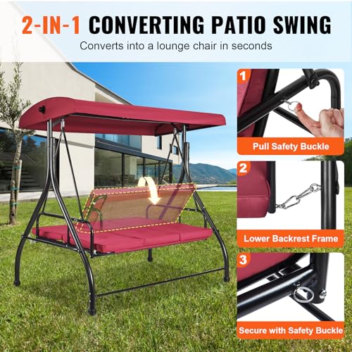 VEVOR 3-Seat Patio Swing Chair, Converting Canopy Swing, Outdoor Patio Porch with Adjustable Canopy, Removable Thick Cushion and Alloy Steel Frame, for Balcony, Backyard, Poolside, Brown