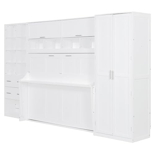 KLMM Wooden Murphy Bed Wall Bed with 2 Wardrobe and Storage Shelf,Foldable Platform Bedframe for Guest-Room Bedroom Study Office Use (White#E, Full)