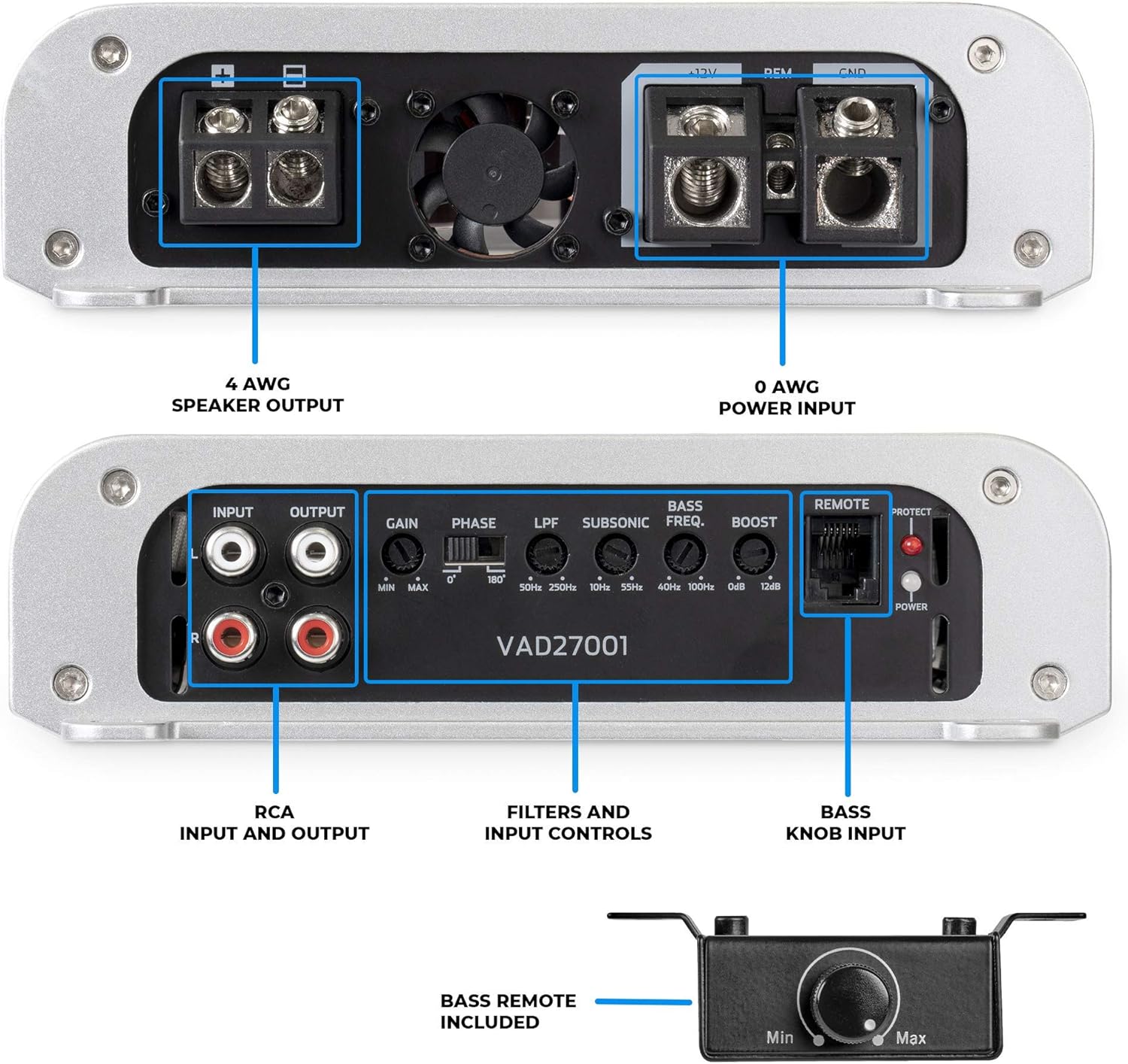NVX VAD27001 2700W RMS Class D Monoblock Car/Marine/Powersports Amplifier with Bass Remote (Marine Certified)