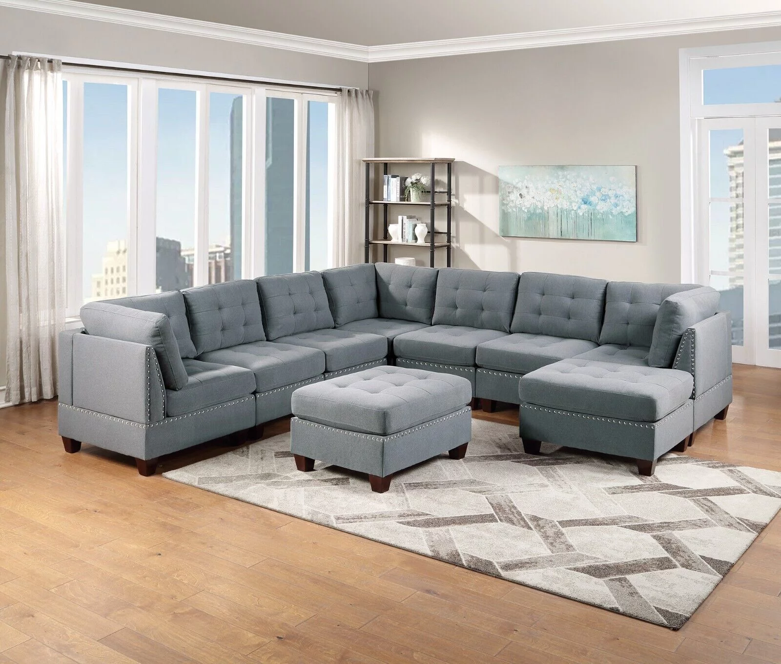 Living Room Gray Fabric Tufted Nailheads Cushion 9pcs Sectional Sofa Set 3x Corner Wedge 4x Armless Chairs 2x Ottomans Couch