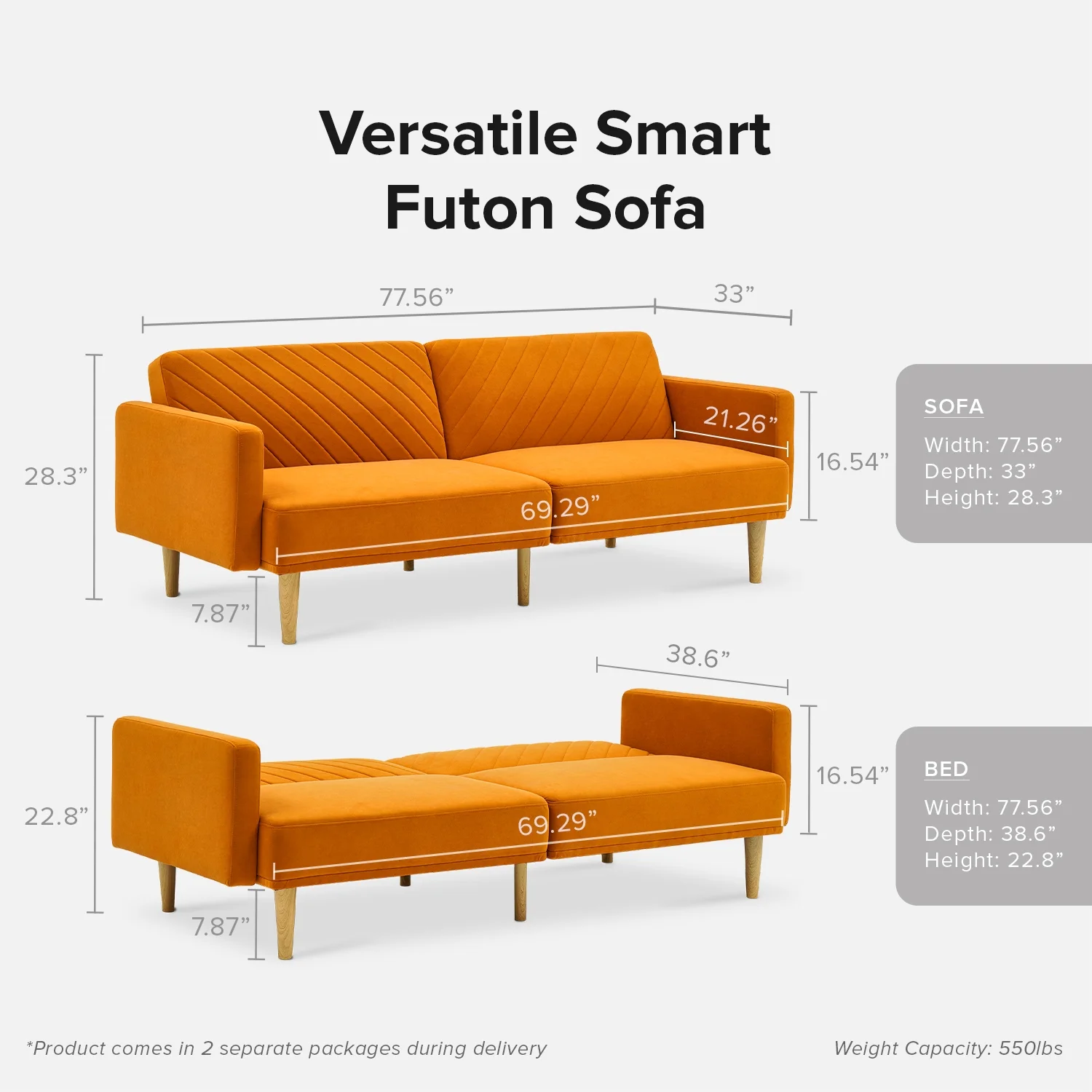 Mopio Chloe Futon Sofa Bed Convertible Sleeper Sofa with Tapered Legs Apricot Velvet