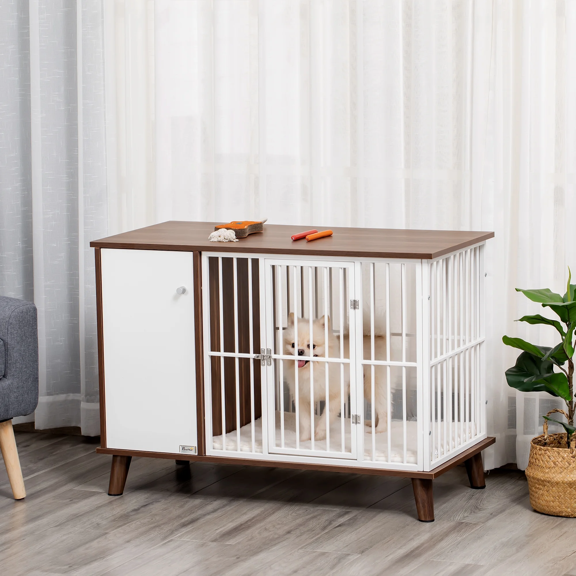 PawHut Wooden Dog Kennel, End Table Furniture with Cushion & Lockable Magnetic Doors, Small Size Pet Crate Indoor Puppy Cage, Brown