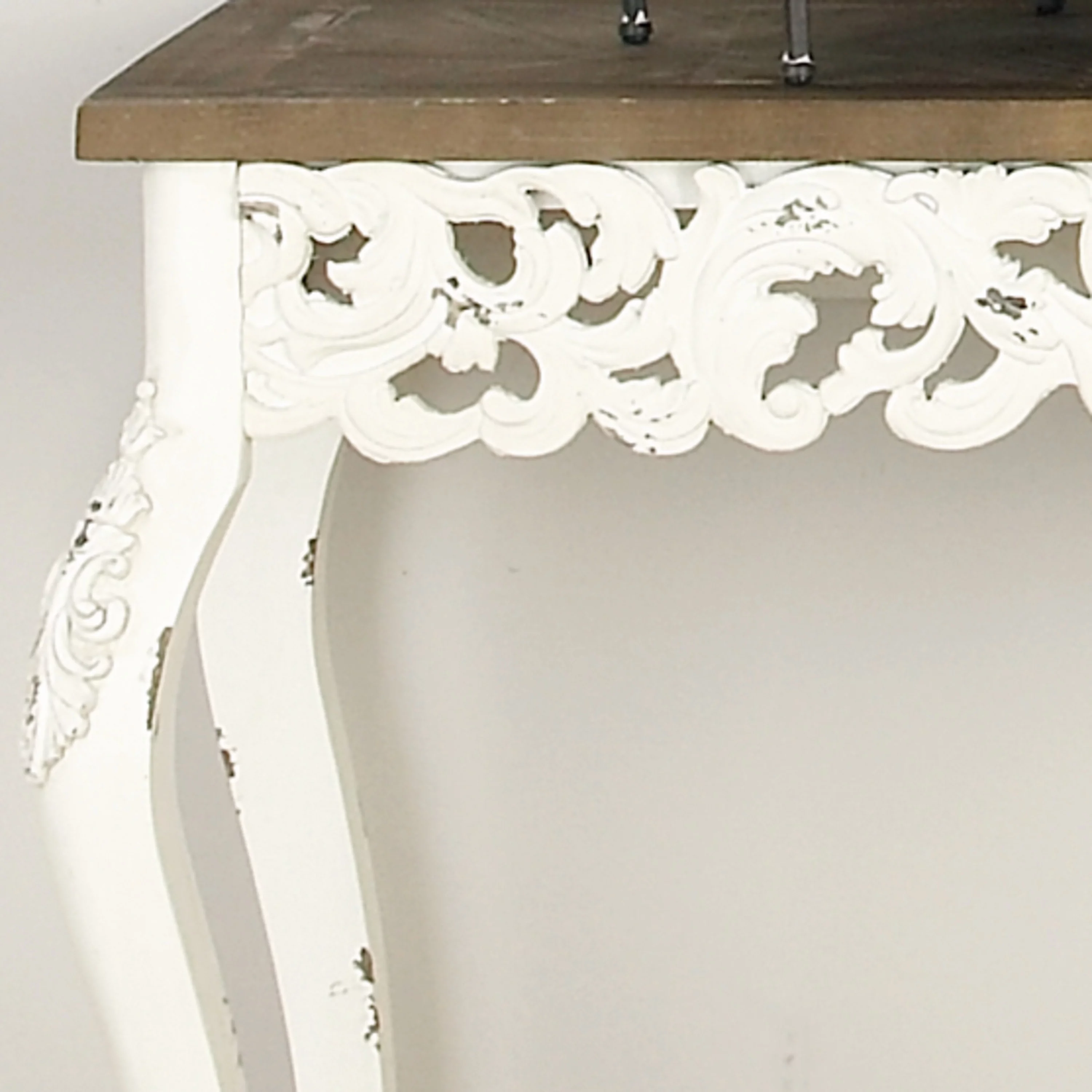 DecMode 46" x 30" White Wood Intricately Carved Floral Console Table with Brown Wood Top, 1-Piece