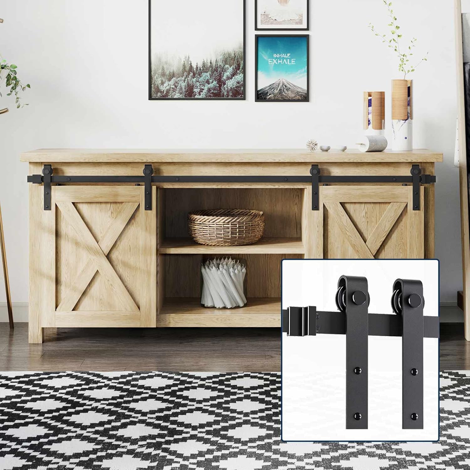 EaseLife 5 FT Cabinet Mini Sliding Double Barn Door Hardware Track Kit,Easy Install,Slide Smoothly Quietly,Apply for Storage Window TV Stand and Other Shielding (No Cabinet)